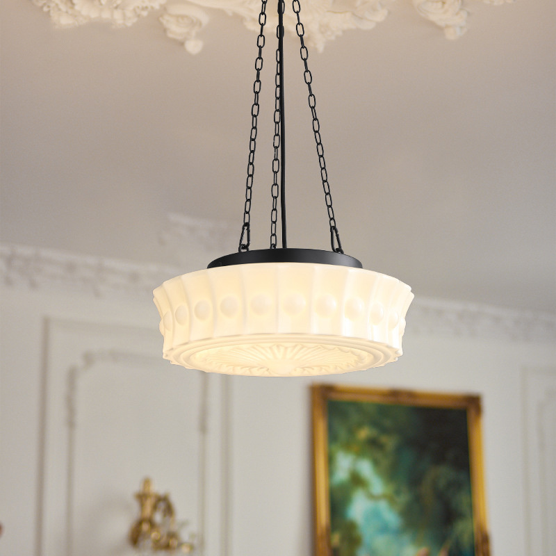 Home Lobby Room Decoration Lighting Fixture Modern Antique Milk White Glass Black Chain Hanging Pendant Lamp