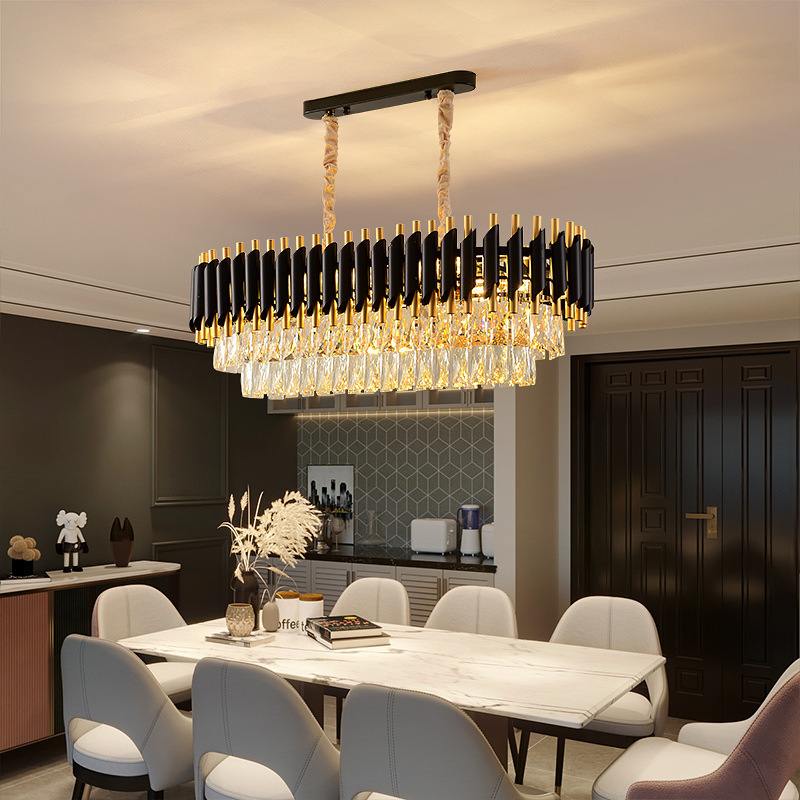 Post Modern Rectangle Pendant Lights Large Luxury Black Iron Crystal Led Lights Chandelier Suitable for Lobby and Hall