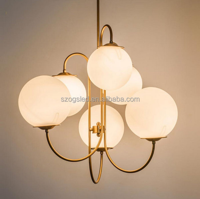 China Fashionable Villa Decorated Pendant Lamp Milk White Globe Glass Cover Lighting CE E27 Chandelier with Copper Finish Arms