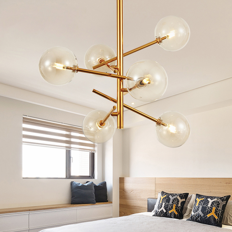 2020 Factory Cluster Glass Globe Lighting Lamp Modern Ceiling Pendant Fixture with Golden Steel Stem for Villa