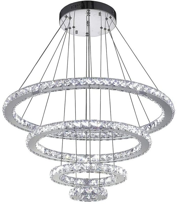 Dimmable LED Crystal Chandeliers Lights Remote Control Pendant Lighting Fixtures with 4 Ring