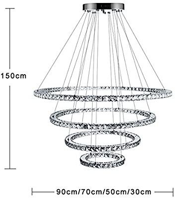 Dimmable LED Crystal Chandeliers Lights Remote Control Pendant Lighting Fixtures with 4 Ring