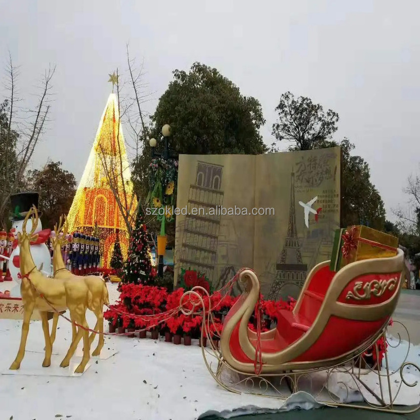 outdoor santa sleigh Christmas reindeer and sleigh with wheel Customizable decor fiberglass resin sculpture