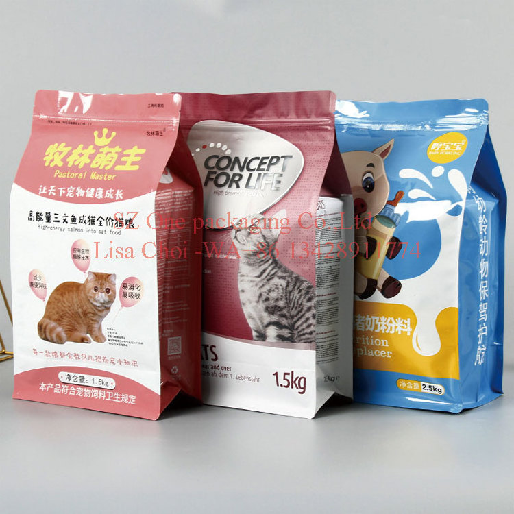 Custom logo printed shiny finished 1.5kg flat bottom zipper mylar plastic kitten cat dried food packaging bag