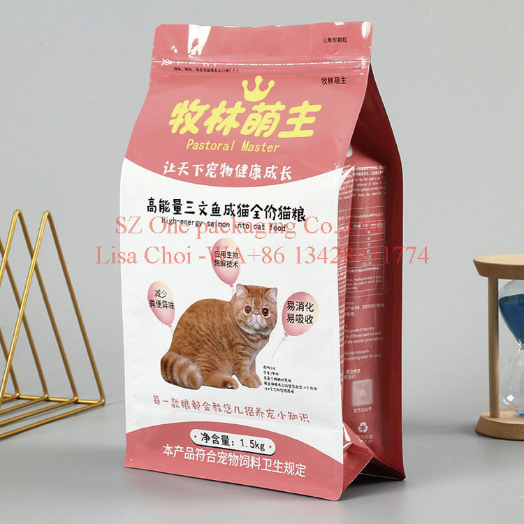 Custom logo printed shiny finished 1.5kg flat bottom zipper mylar plastic kitten cat dried food packaging bag