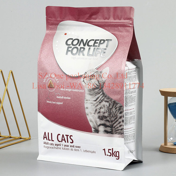 Custom logo printed shiny finished 1.5kg flat bottom zipper mylar plastic kitten cat dried food packaging bag