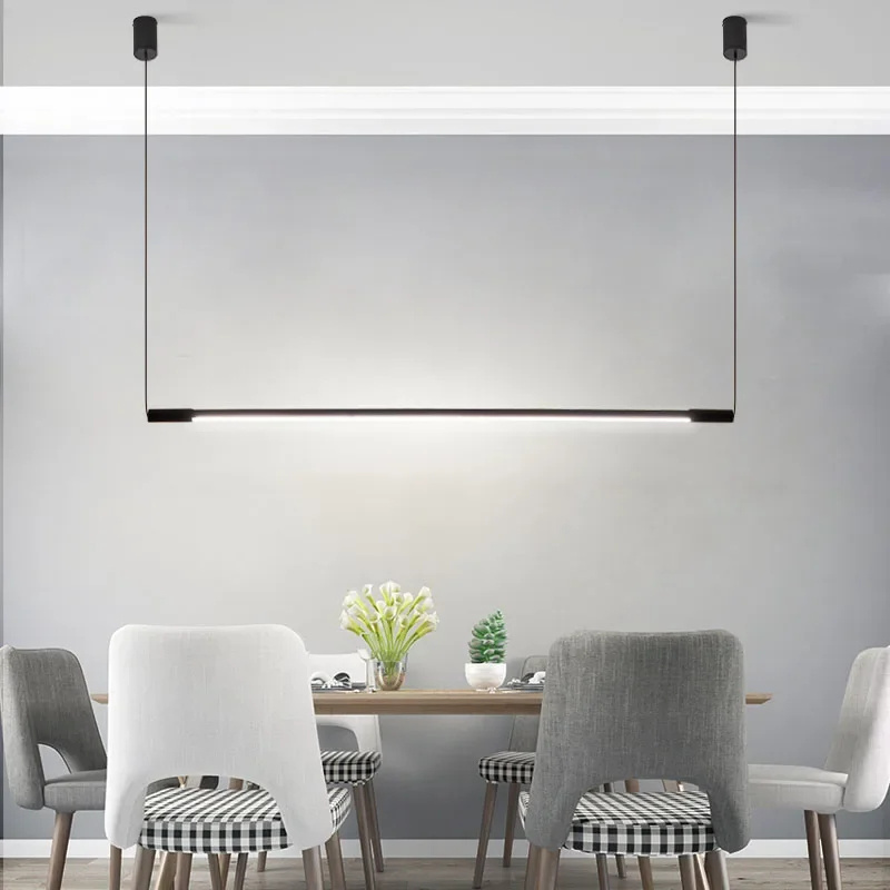 Nordic Led Linear Pendant Lamp Dimmable Black for Kitchen Table Dining Room Chandelier Designer Hanging Lighting Luster Fixture