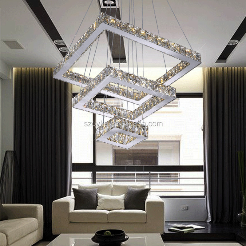 LED Modern Crystal Chandeliers Adjustable Stainless Steel Pendant Light 3 rings LED Ceiling Lighting Fixture for Living Room