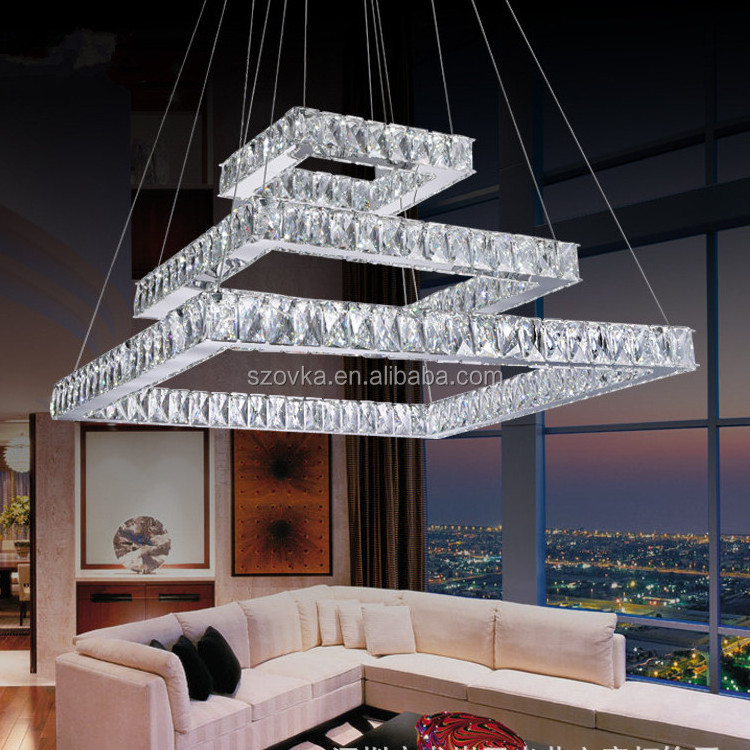 LED Modern Crystal Chandeliers Adjustable Stainless Steel Pendant Light 3 rings LED Ceiling Lighting Fixture for Living Room