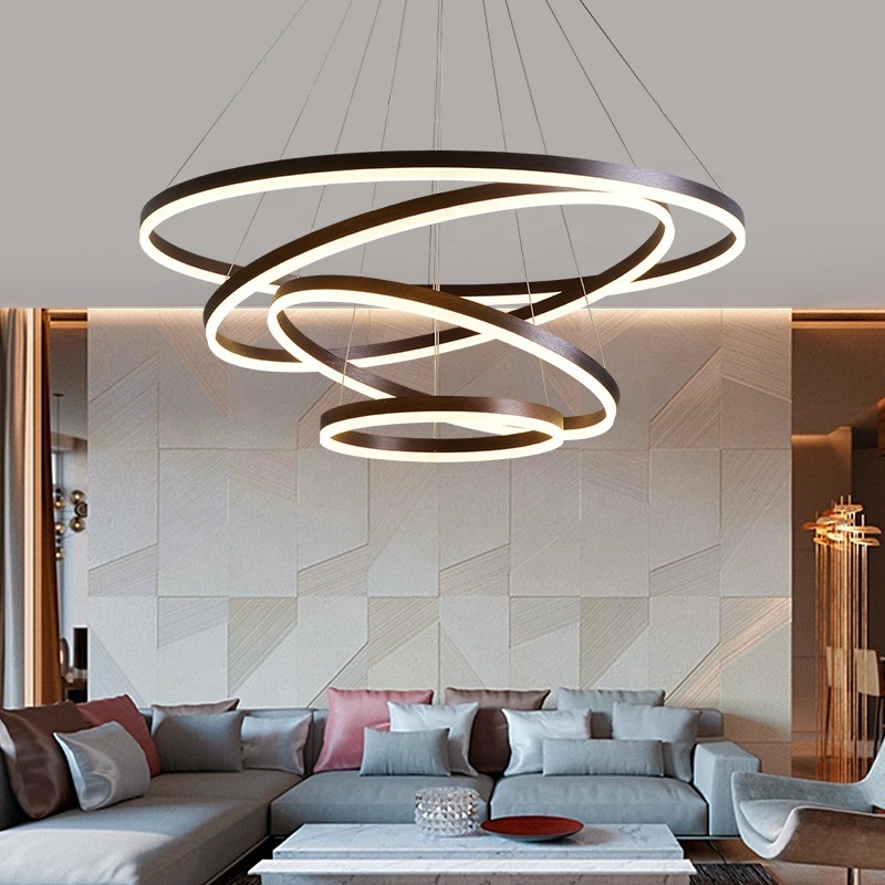 simple hanging decorative ceiling pendant light circle New brown 4 rings acrylic luminaire big led chandelier pendant lights