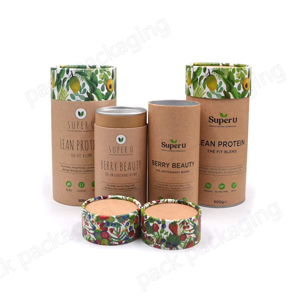 Food Safe Cylindrical Cardboard Packaging Custom Branded Easy Peel Lids Airtight Superfoods Paper Tube Canister for Powder Foods