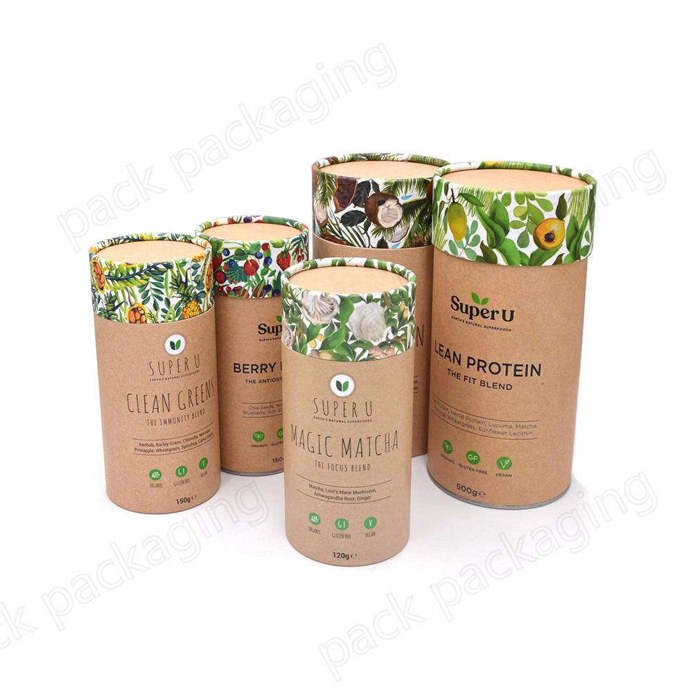 Food Safe Cylindrical Cardboard Packaging Custom Branded Easy Peel Lids Airtight Superfoods Paper Tube Canister for Powder Foods