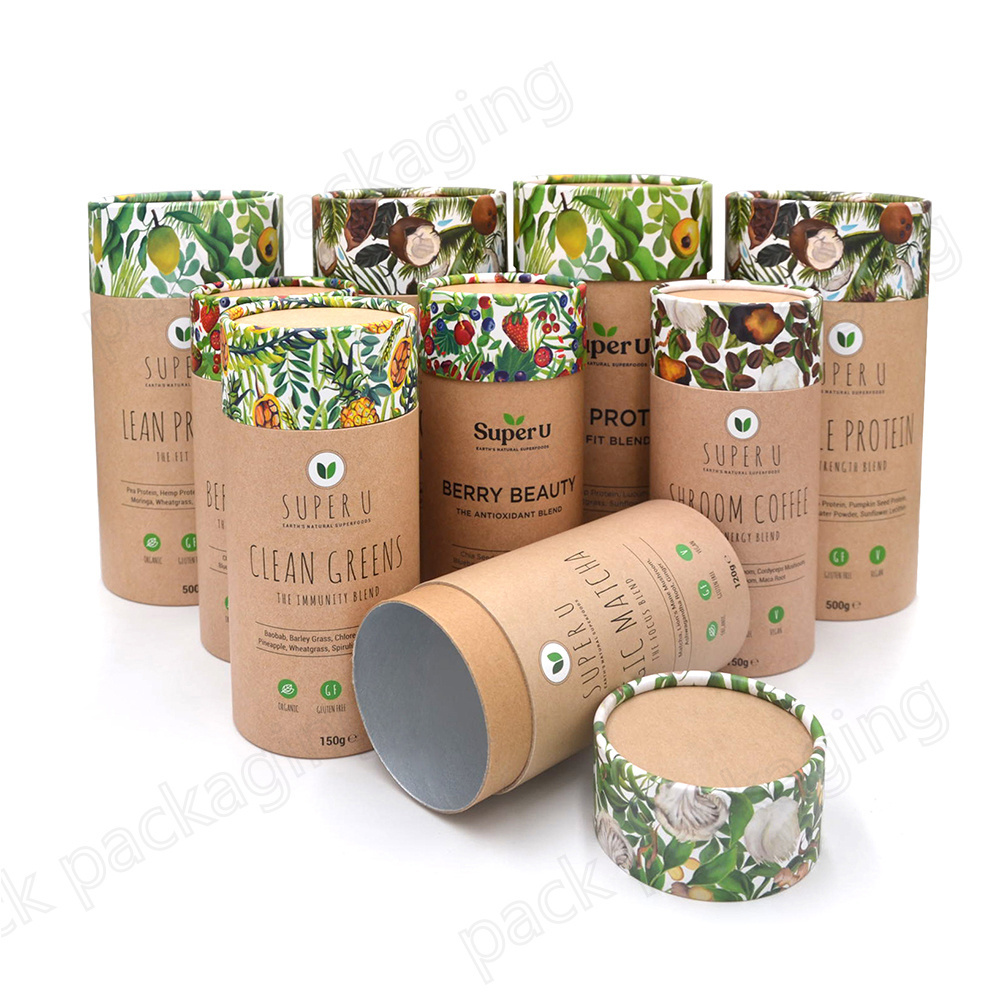 Food Safe Cylindrical Cardboard Packaging Custom Branded Easy Peel Lids Airtight Superfoods Paper Tube Canister for Powder Foods