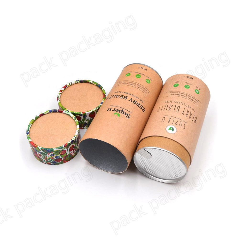 Food Safe Cylindrical Cardboard Packaging Custom Branded Easy Peel Lids Airtight Superfoods Paper Tube Canister for Powder Foods