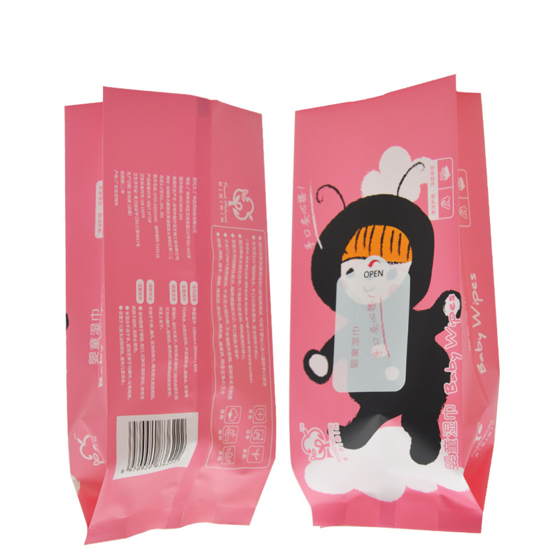 Custom designed skin care packaging bag baby cleaning portable wet towel pad sticker plastic package bag