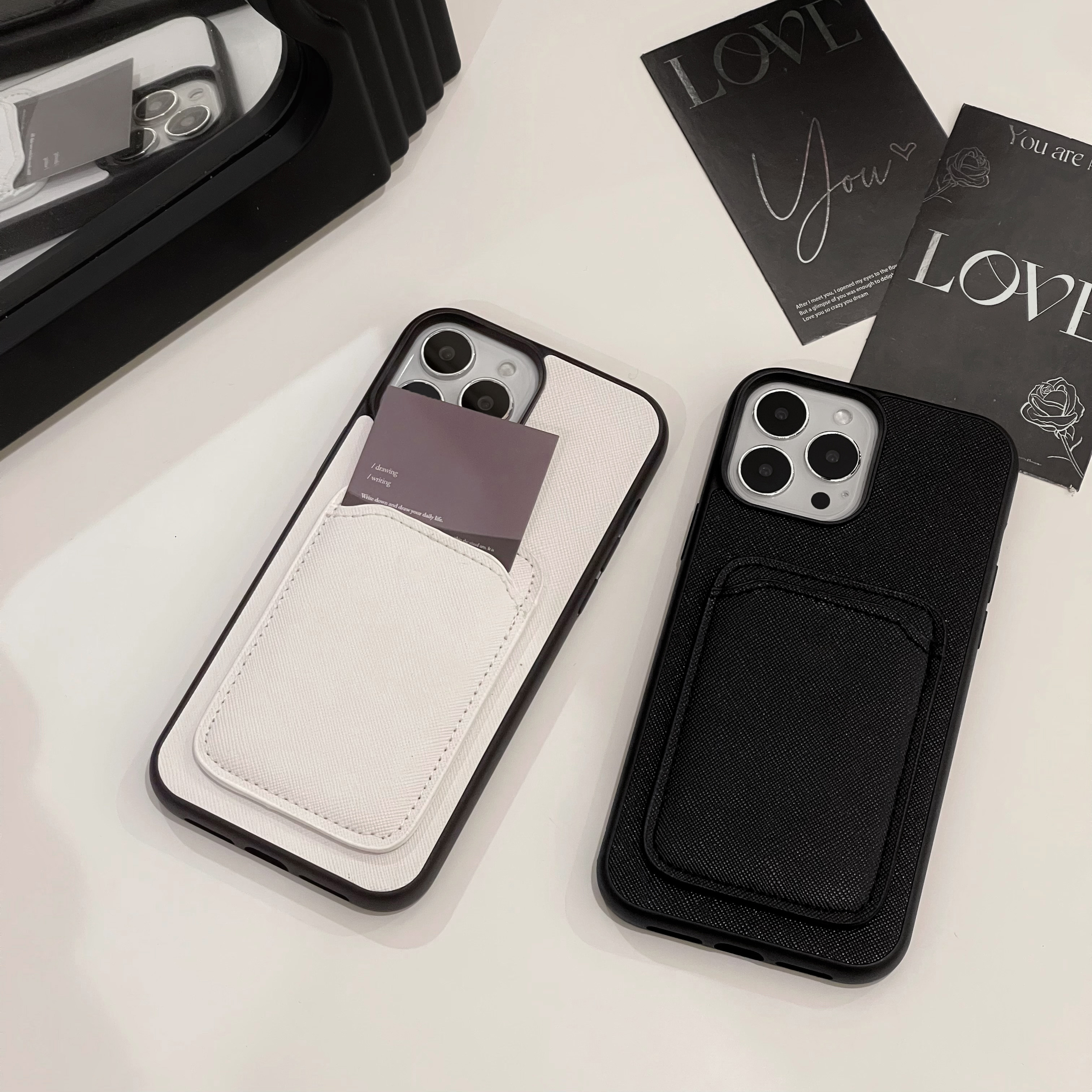 Luxury Full Grain for 15 13 Cell Mobile Phone Cover Black Card Slot Pu Leather Phone Case for Iphone 14 Pro Max