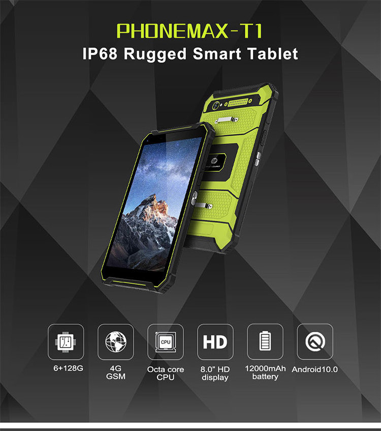 Phonemax T1 rugged tablet 8 inch 12100mAh Large battery Android system 4g Car tablet cheap rugged tablet pc