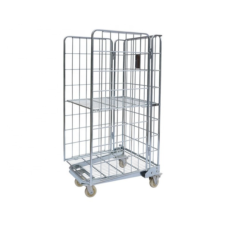 Foldable Cargo Rolling Wire Mesh Container 3 Sided Collapsible Roll Tainer Carts Industrial Rolling Storage Cage Trolley