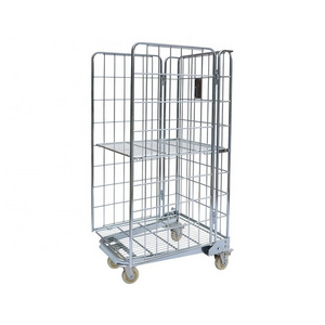 Foldable Cargo Rolling Wire Mesh Container 3 Sided Collapsible Roll Tainer Carts Industrial Rolling Storage Cage Trolley