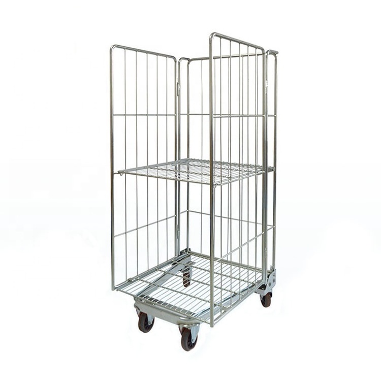 Foldable Cargo Rolling Wire Mesh Container 3 Sided Collapsible Roll Tainer Carts Industrial Rolling Storage Cage Trolley