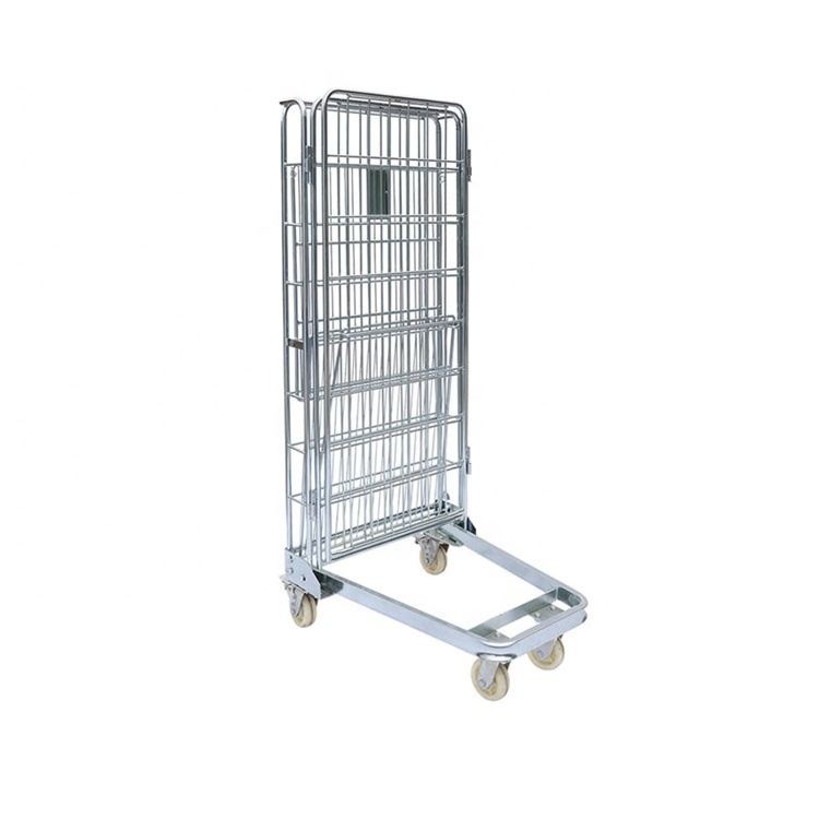 Foldable Cargo Rolling Wire Mesh Container 3 Sided Collapsible Roll Tainer Carts Industrial Rolling Storage Cage Trolley