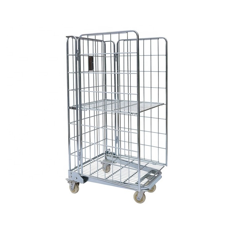 Foldable Cargo Rolling Wire Mesh Container 3 Sided Collapsible Roll Tainer Carts Industrial Rolling Storage Cage Trolley