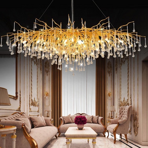 L39.37 inch Modern Luxury Crystal Pendant Lamp Glass Aluminum Branch DIY Shaped Living Room Dining Table Chandelier Design