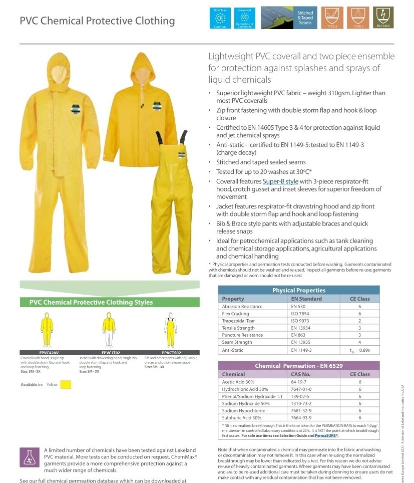 Lakeland EPVCTS02 Labor Protection Industrial Safety Clothing Work Chemical Protective Pants