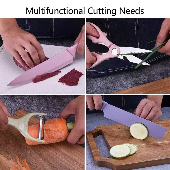 High Carbon Kitchen Accessories Colorful Cutting Bread Paring Fruit Vegetable 6 Pcs Knife Set Stainless Steel Wheat Straw Knife