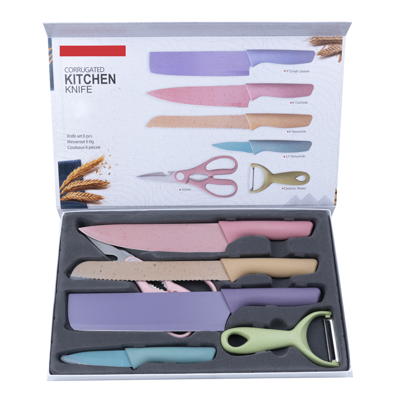 High Carbon Kitchen Accessories Colorful Cutting Bread Paring Fruit Vegetable 6 Pcs Knife Set Stainless Steel Wheat Straw Knife