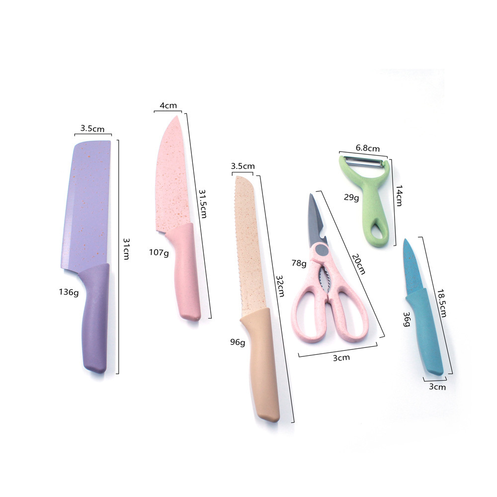 High Carbon Kitchen Accessories Colorful Cutting Bread Paring Fruit Vegetable 6 Pcs Knife Set Stainless Steel Wheat Straw Knife