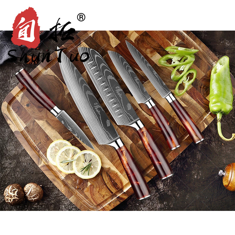 10 pcs knife japanese vg10 super carbon steel damascus santoku chef knife set with magnet wooden stand