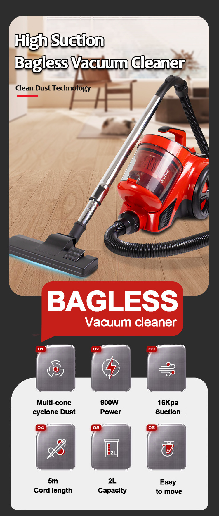 High Quality Bagless Hepa Filter Household Wired Electric Cyclone Dry Canister Carpet Vacuum Cleaner For Carpet Floor