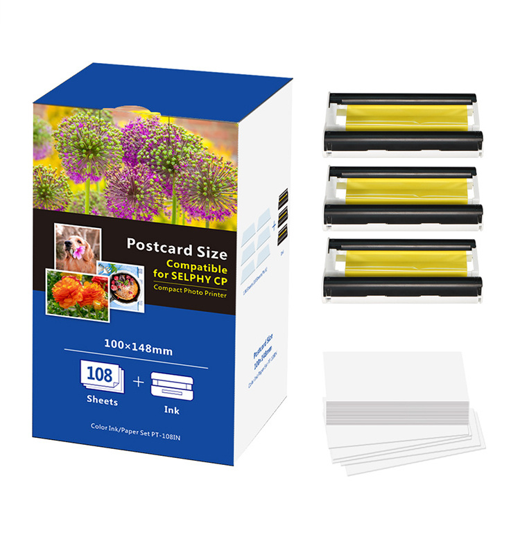 High glossy photo paper adhesive matte photographic paper 3 Ink Cartridge+108 sheets for canon selphy cp1300