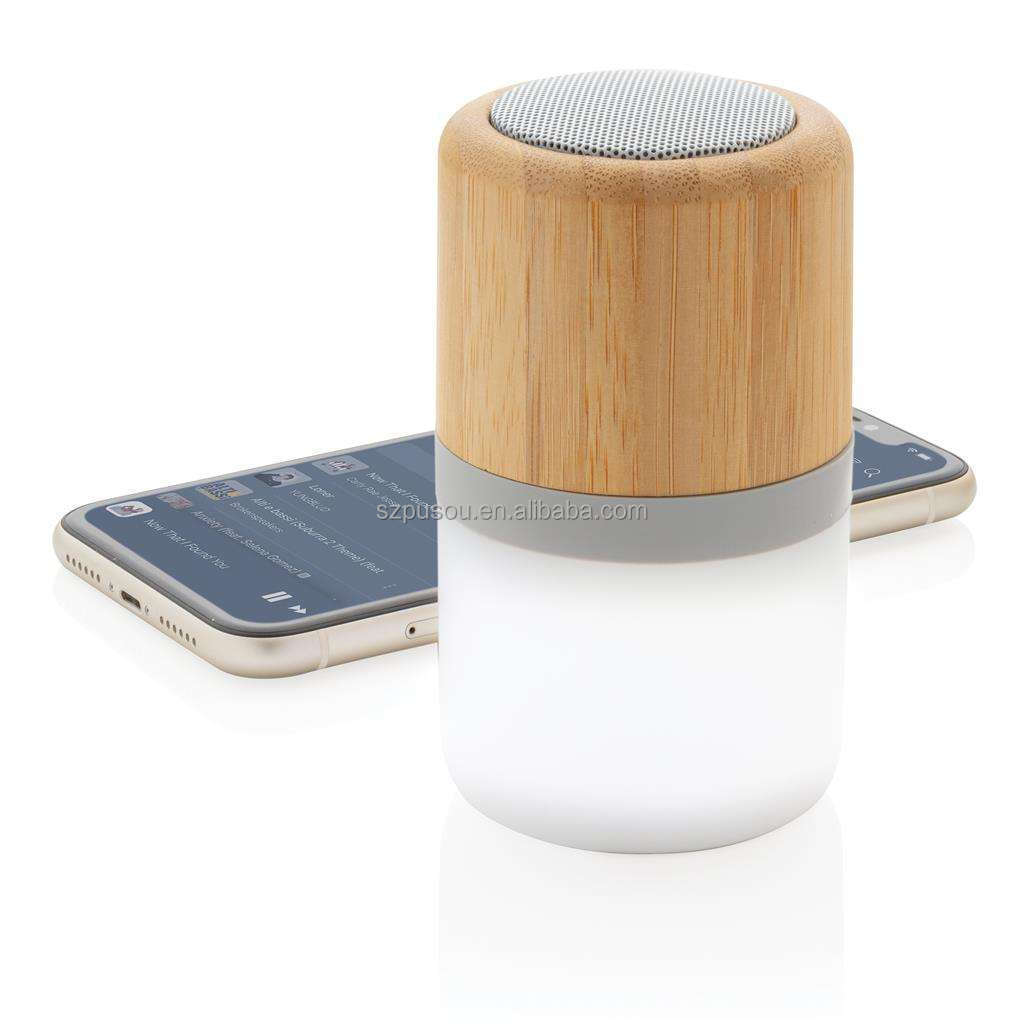 eco promotional mini Blue tooth bambus stereo 3W speakers gift Bamboo wireless speaker with led lamp light