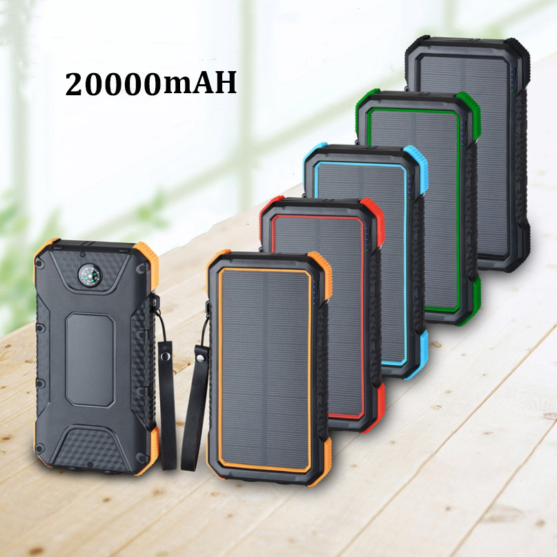 Outdoor emergency solar power bank with compass and cigar lighter and LED flashlight 20000 mAH fast charging power bank