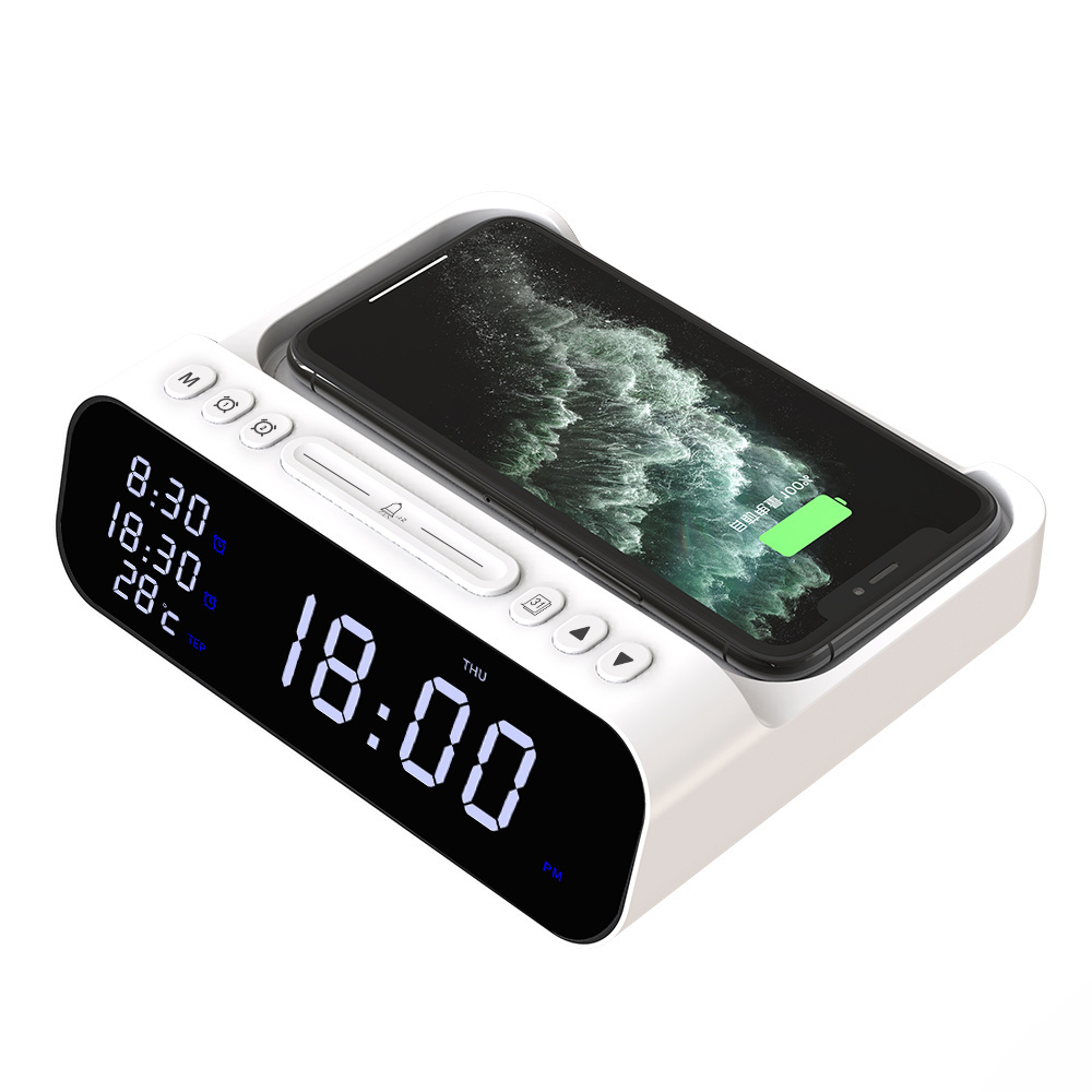 electronic bell temperature 3 in 1 fast qi custom led charging phone digital smart 15W alarm clock wireless charger