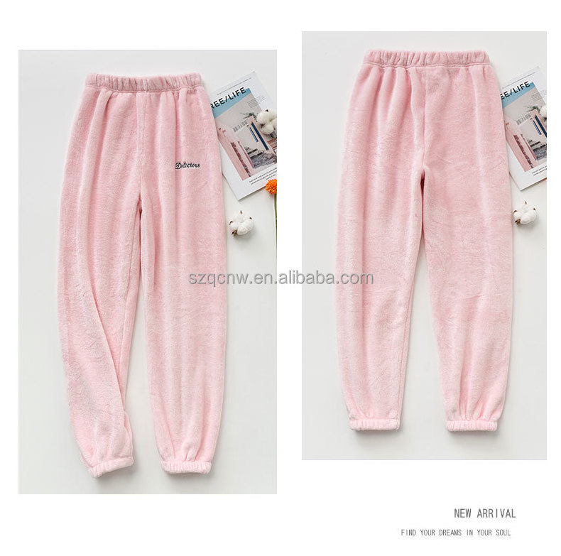 wholesale custom factory women full length winter thick coral fleece sleep bottom pajamas pants