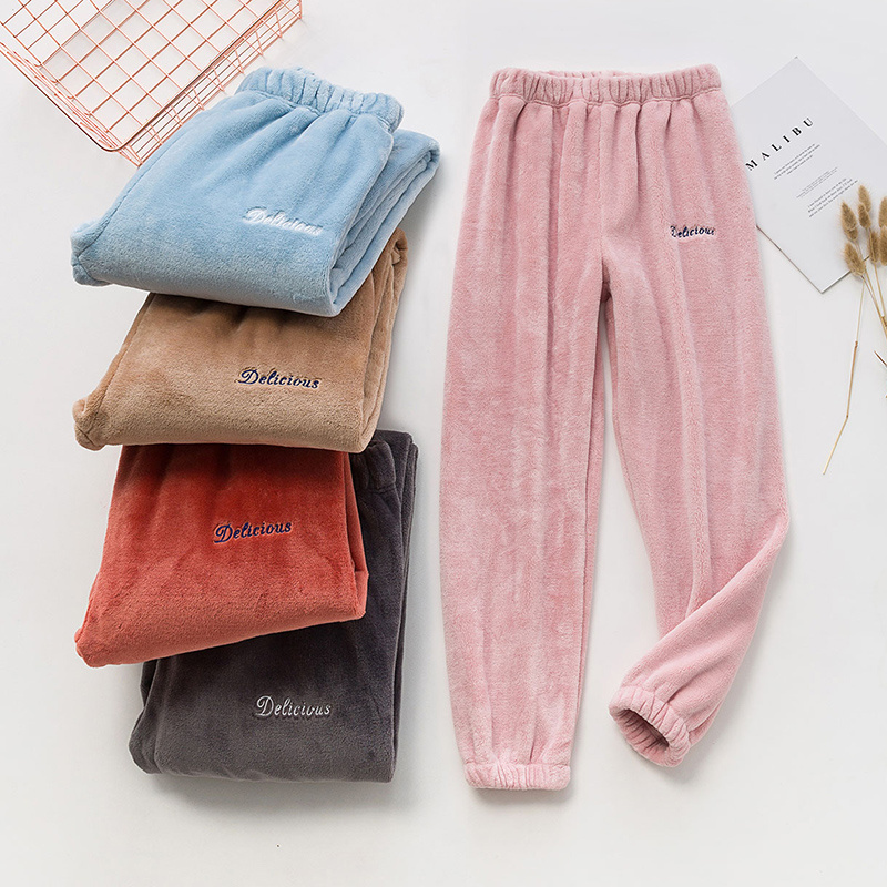 wholesale custom factory women full length winter thick coral fleece sleep bottom pajamas pants