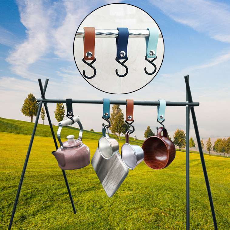 Outdoor Multi Purpose Leather Hook  Camping Cookware Hanging Rack Triangular Pot Pan Camping Hiking Storage Hanger Hook