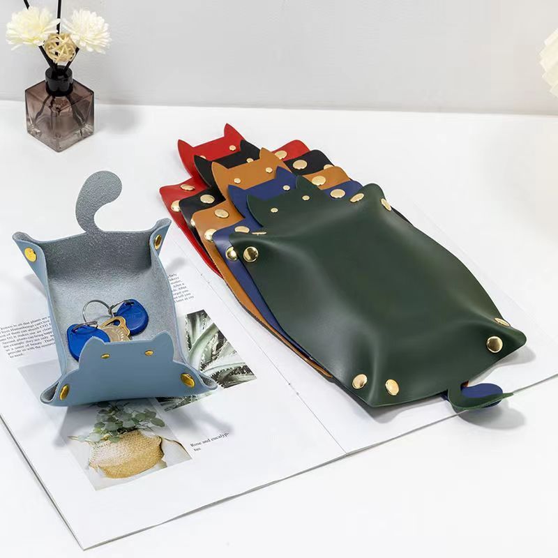 Factory Wholesale Custom Cat Key Storage Tray Change Organizer  Folding PU Leather Catchall Dice Tray Sundries Box