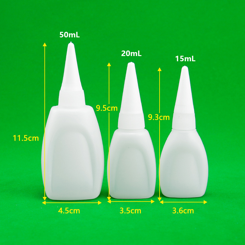 50g Super Glue Bottle White HDPE Plastic Dropper for Oily Liquid PET Body with Logo Printing for Chemical Packaging