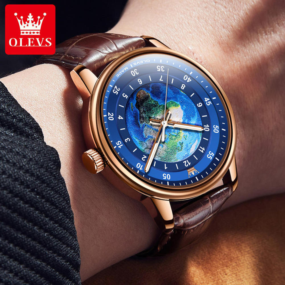 Olevs 5583 Blue Earth Planet Big Dial Leather Strap Watches Luxury Stainless Steel Men Cool Quartz Watch