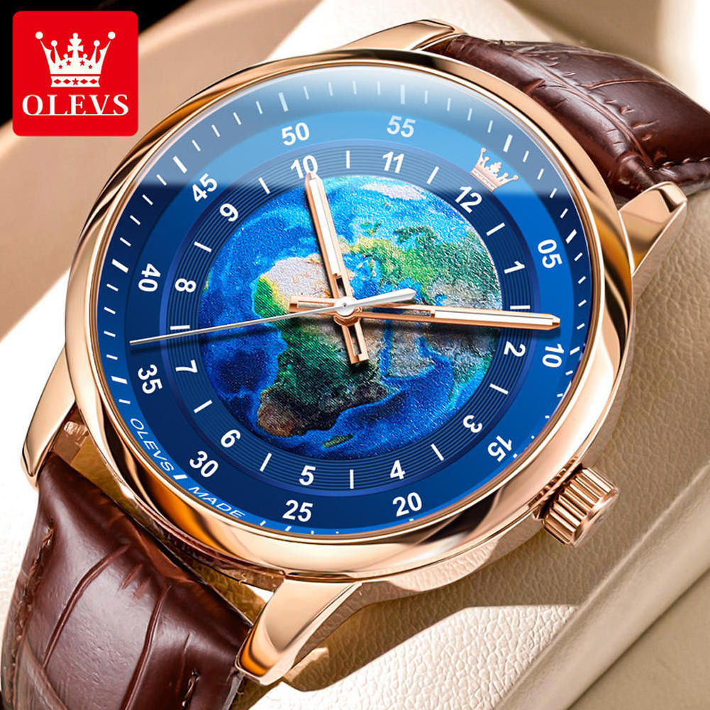 Olevs 5583 Blue Earth Planet Big Dial Leather Strap Watches Luxury Stainless Steel Men Cool Quartz Watch