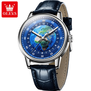 Olevs 5583 Blue Earth Planet Big Dial Leather Strap Watches Luxury Stainless Steel Men Cool Quartz Watch