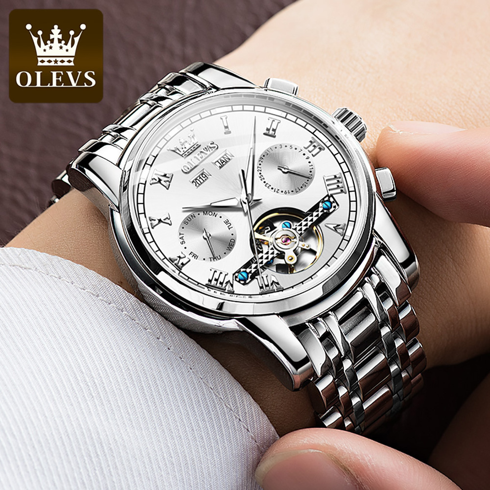 OLEVS 6607 Stylish Stainless Steel Strap Multi-funtion Flying Hollow Tourbillon Men's Mechanical Watch Luxury Automatic Watch