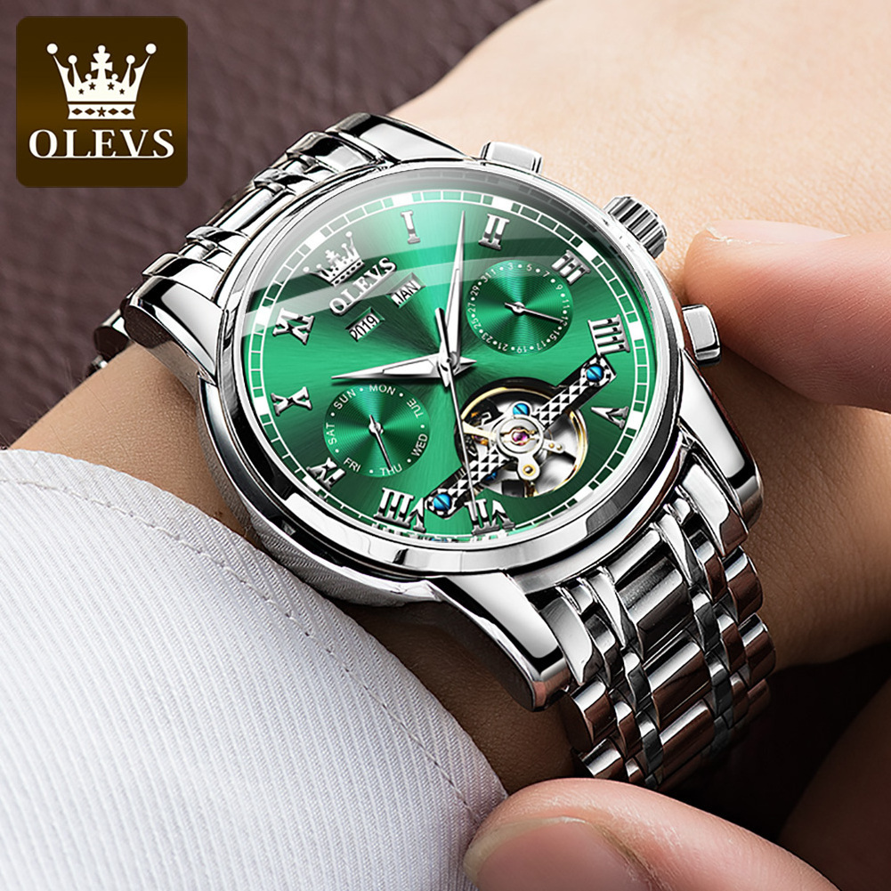 OLEVS 6607 Stylish Stainless Steel Strap Multi-funtion Flying Hollow Tourbillon Men's Mechanical Watch Luxury Automatic Watch