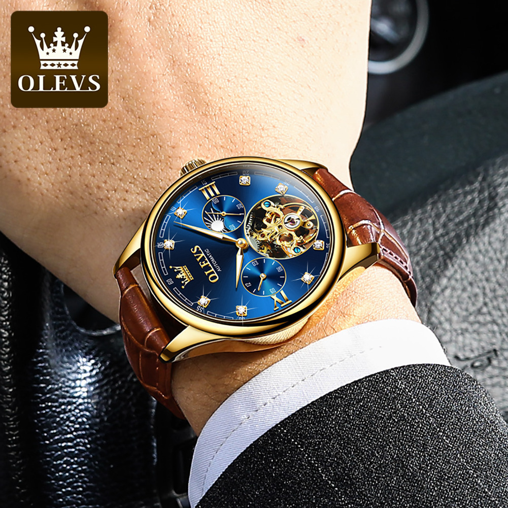 Olevs 3601 Casual leather Wrist Watch Luminous Feature Business Sport Men Watch Automatic Mechanical Watches For Men