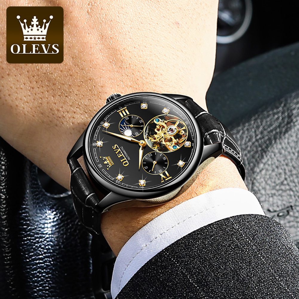 Olevs 3601 Casual leather Wrist Watch Luminous Feature Business Sport Men Watch Automatic Mechanical Watches For Men