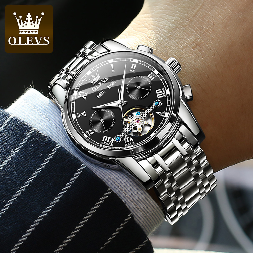 OLEVS 6607 Stylish Stainless Steel Strap Multi-funtion Flying Hollow Tourbillon Men's Mechanical Watch Luxury Automatic Watch